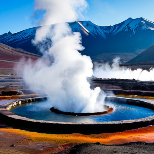 Geothermal Landscape**

A vibrant image of El Tatio geysers in Chile at sunrise.  Steam erupts dramatically against a clear blue sky.  The foreground features textured geothermal terrain with colorful mineral deposits and small pools of water.  In the distance, the Andes mountains are visible.  "Safe for work, appropriate content, fully clothed, professional photography, landscape photography, natural light, perfect composition."

**