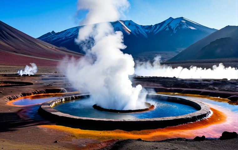 Geothermal Landscape**

A vibrant image of El Tatio geysers in Chile at sunrise.  Steam erupts dramatically against a clear blue sky.  The foreground features textured geothermal terrain with colorful mineral deposits and small pools of water.  In the distance, the Andes mountains are visible.  "Safe for work, appropriate content, fully clothed, professional photography, landscape photography, natural light, perfect composition."

**