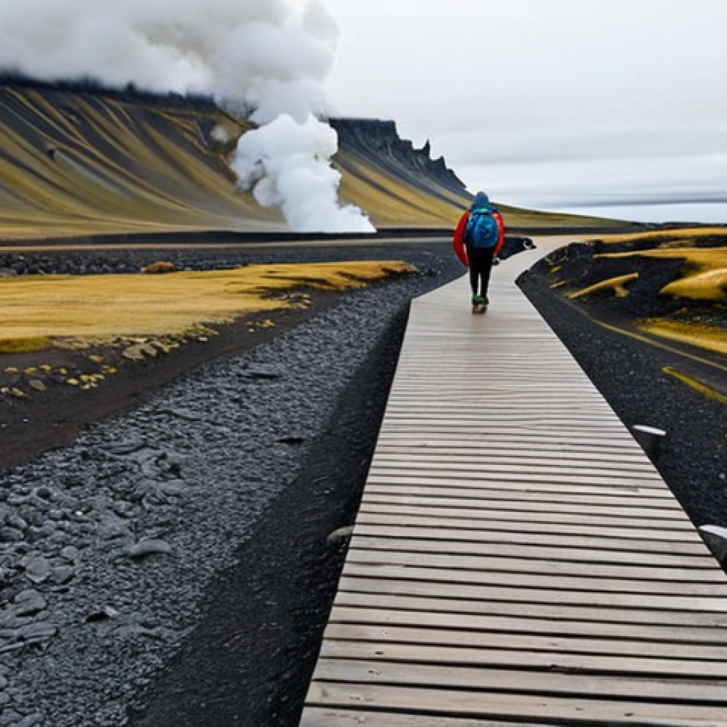 지열 지역의 하이킹 코스 설계 - **
"A well-maintained hiking trail winds through a geothermally active area in Iceland. The trail i...