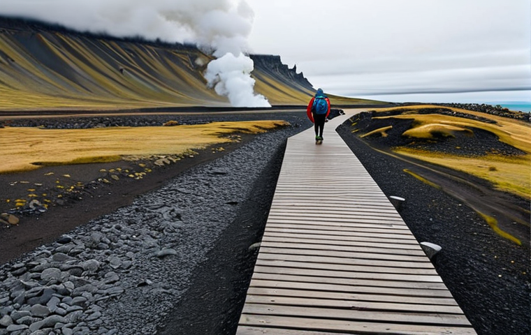 지열 지역의 하이킹 코스 설계 - **
"A well-maintained hiking trail winds through a geothermally active area in Iceland. The trail i...