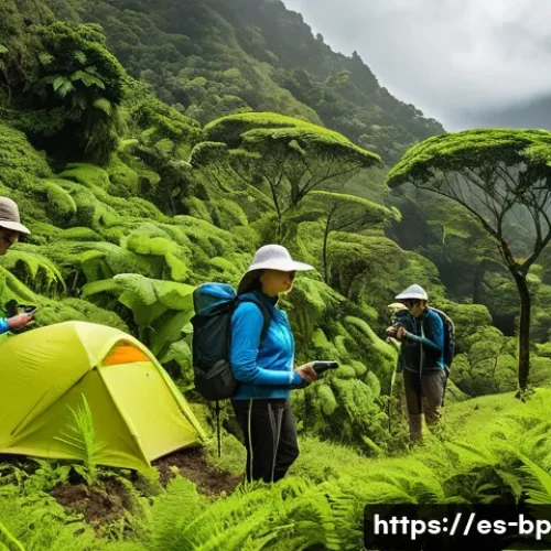 화산 관광을 위한 예산 계획 - A group of hikers preparing for a volcano trek in a lush tropical setting typical of Costa Rica, wea...