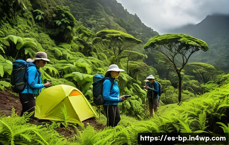 화산 관광을 위한 예산 계획 - A group of hikers preparing for a volcano trek in a lush tropical setting typical of Costa Rica, wea...