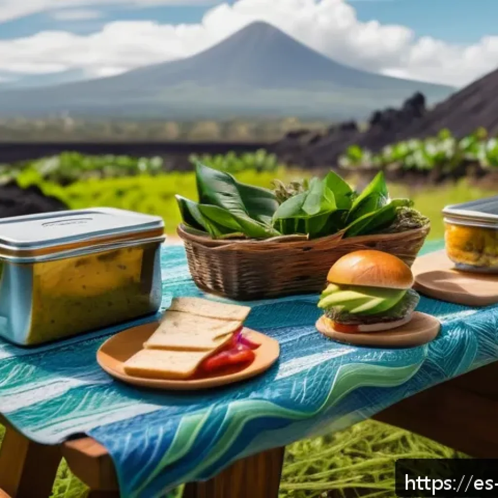 화산 지역에서의 샌드위치 만들기 - A vibrant outdoor picnic scene in a volcanic region of Central America during golden hour, featuring...