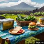 화산 지역에서의 샌드위치 만들기 - A vibrant outdoor picnic scene in a volcanic region of Central America during golden hour, featuring...