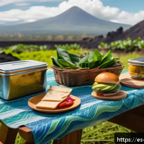 화산 지역에서의 샌드위치 만들기 - A vibrant outdoor picnic scene in a volcanic region of Central America during golden hour, featuring...