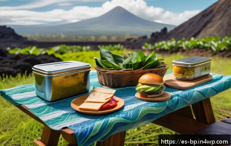 화산 지역에서의 샌드위치 만들기 - A vibrant outdoor picnic scene in a volcanic region of Central America during golden hour, featuring...