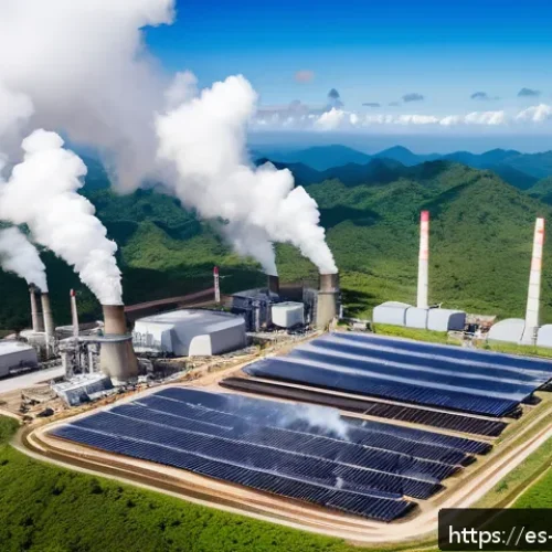 지열 지역의 역사적 투자 - A detailed aerial view of a geothermal power plant in a lush Central American landscape, showing bin...