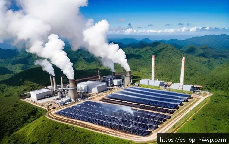지열 지역의 역사적 투자 - A detailed aerial view of a geothermal power plant in a lush Central American landscape, showing bin...
