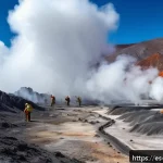 지열 지역에서의 생존 전략 - A detailed landscape of a geothermal zone in a mountainous region of Mexico during daylight, showing...