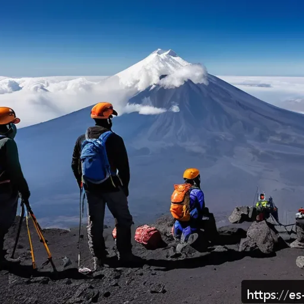 화산 연구를 위한 현장 답사 - A detailed scene of a volcanic expedition team preparing for a climb near the Popocatépetl volcano i...