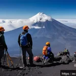 화산 연구를 위한 현장 답사 - A detailed scene of a volcanic expedition team preparing for a climb near the Popocat&eacute;petl volcano i...