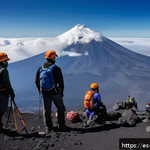 화산 연구를 위한 현장 답사 - A detailed scene of a volcanic expedition team preparing for a climb near the Popocat&eacute;petl volcano i...