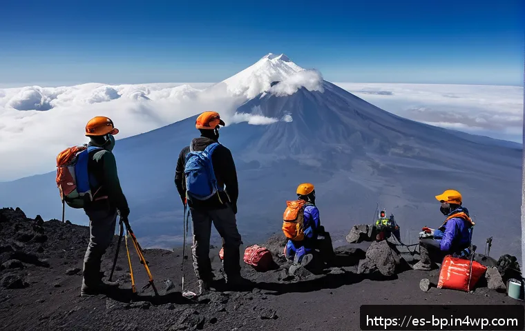 화산 연구를 위한 현장 답사 - A detailed scene of a volcanic expedition team preparing for a climb near the Popocatépetl volcano i...
