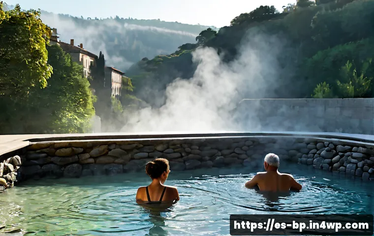 Home 17 지열 지역에서의 스파 체험 - Photorealistic outdoor geothermal spa in Ourense, Galicia, Spain, middle-aged Spanish couple relaxin...