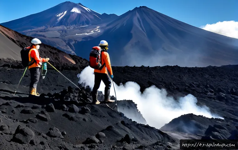 화산 탐험 시 알아야 할 과학 지식 - Photorealistic volcano safety science scene on the slopes of a volcanic landscape in southern Chile,...